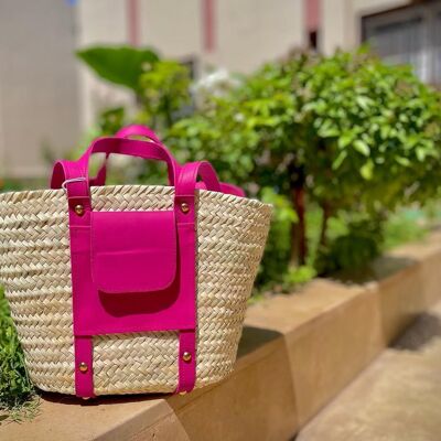 Sac fourre-tout en paille – Panier de luxe en feuille de palmier avec patch en cuir