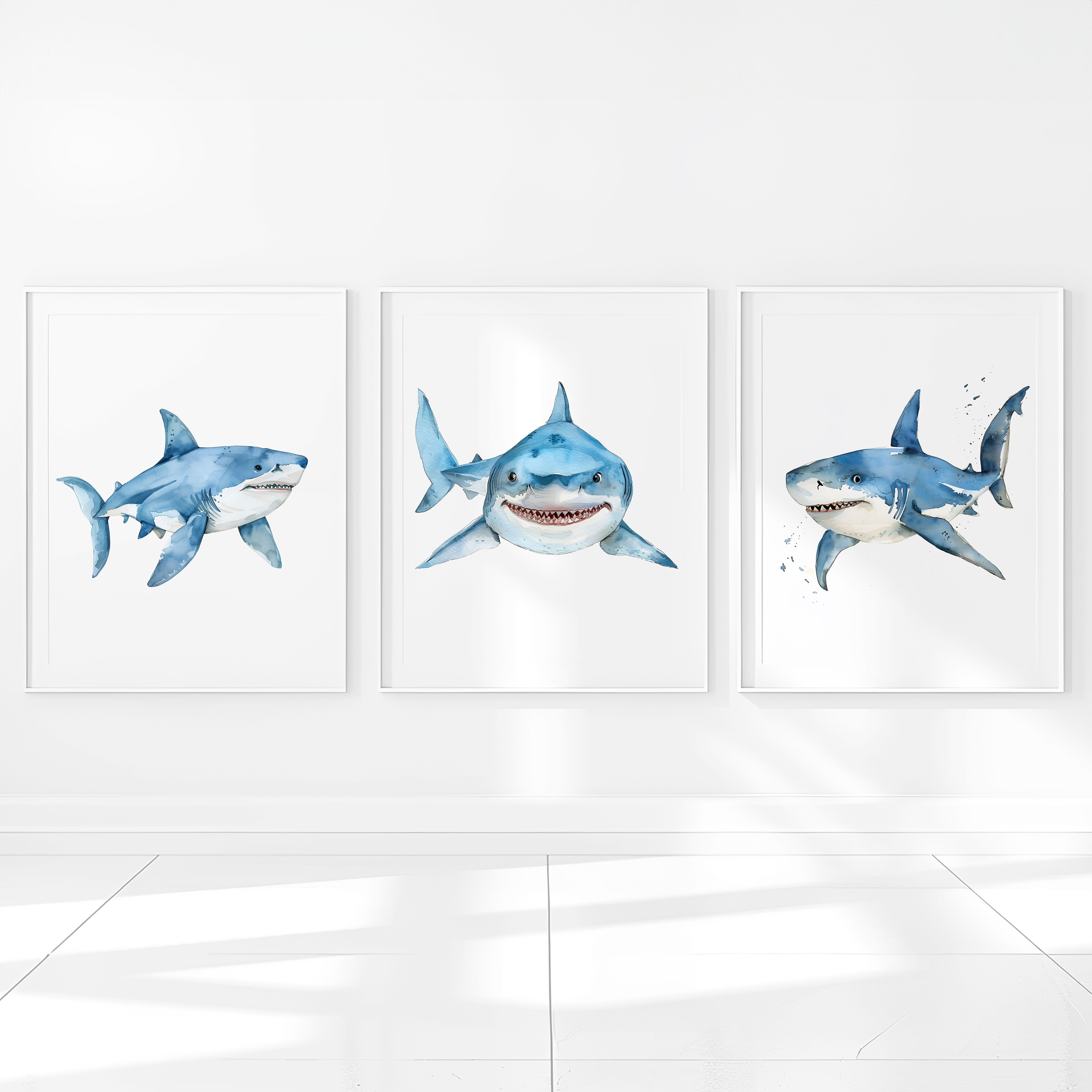 Décoration de chambre bébé garçon avec requins, thème océan, impressions murales, lot de 3 posters pour enfants 5" x 7", 8" x 10", 11" x 14", A4, A3, A3+