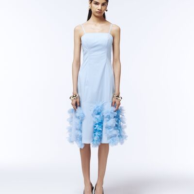 Watercolour-Edge Floral Appliqué Midi Slip Dress in Powder Blue