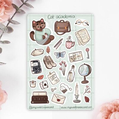 A6 Cat Academia stickers - dark academia sticker sheet