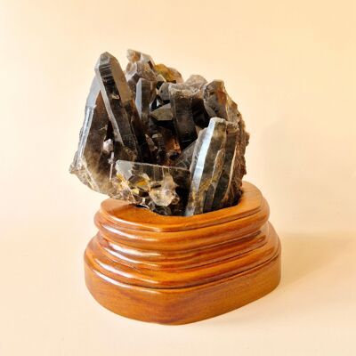 Grappe de quartz fumé brut XL sur support en bois – n° 24, 400 grammes