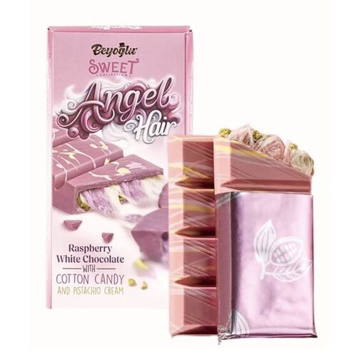 Tablette Angel Hair – Chocolat blanc au goût de framboise barbe à papa et crème de pistache 170g