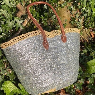 Large Silver Sequin Basket – Handwoven Moroccan Palm Leaf Tote with Sparkling Detail