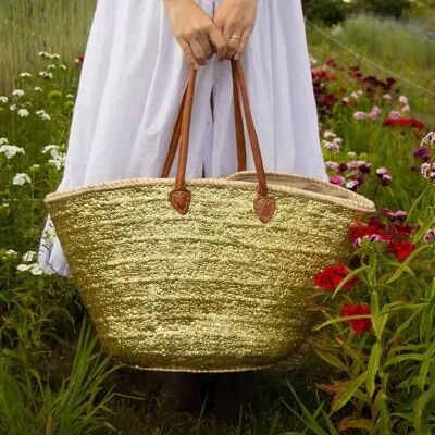 Large Gold Sequin Basket – Handwoven Moroccan Palm Leaf Tote with Sparkle