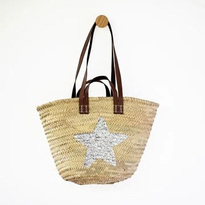 Silver Star Basket – Handwoven Palm Leaf Tote with Silver Sequin Star & Double Brown Leather Handles