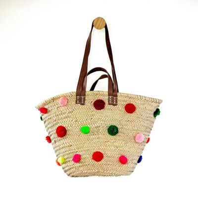 Pom Pom Basket – Handwoven Palm Leaf Tote with Multicolour Pom Poms & Double Handles