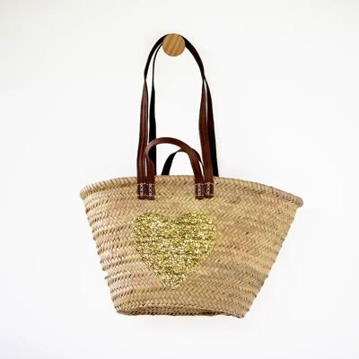 Gold Heart Basket – Handwoven Palm Leaf Tote with Gold Sequin Heart & Double Brown Leather Handles