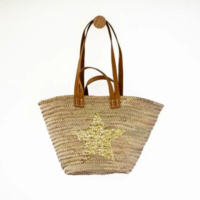 Panier Étoile d'Or – Sac fourre-tout en feuille de palmier tissé à la main avec étoile à paillettes dorées et doubles poignées en cuir doré