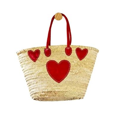 Cesta Corazón – Bolso de Hoja de Palma Tejido a Mano con Apliques de Corazón Rojo y Asas de Cuero