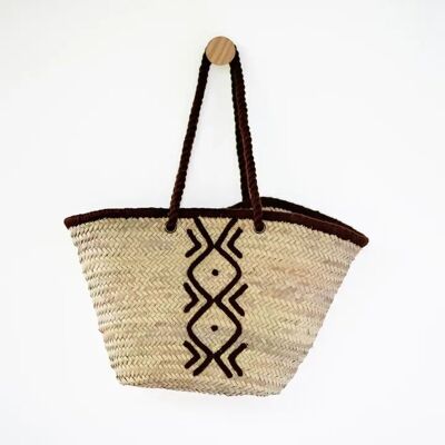 Panier en laine marron – Panier en paille tissé à la main avec broderie en laine marron