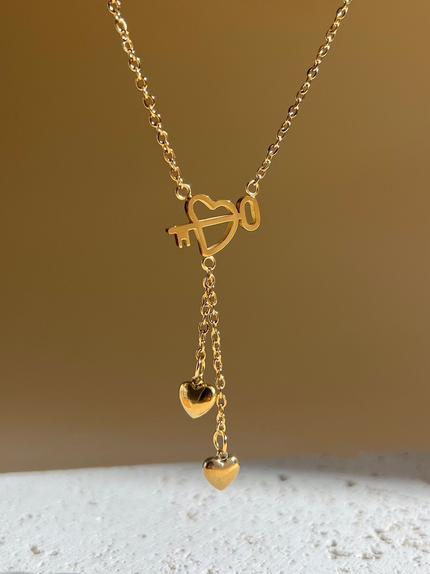 Gold-plated stainless steel necklace with heart and love key pendant