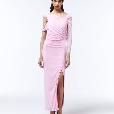 Robe longue asymétrique ornée de strass rose pâle