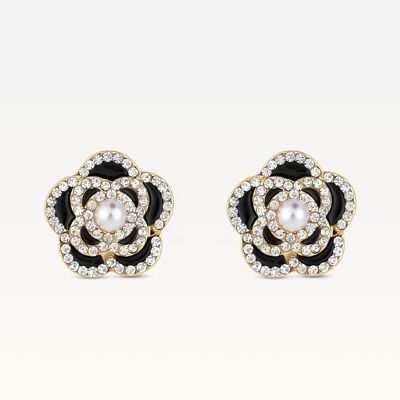 Orecchini MB Côte d'Azur placcati oro Noir Camélia con cristalli