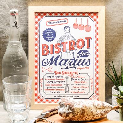 Letterpress poster Bistrot chez Marius, A4, gastronomy, cuisine, art print, blue, red