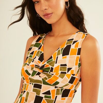 Green Mosaic Sleeveless Knot T-shirt