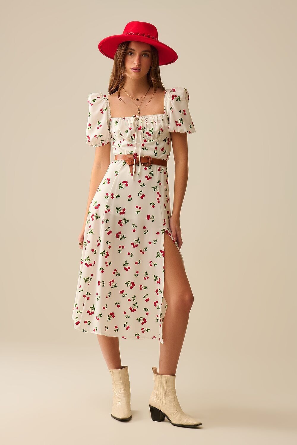 Midi Cherry Print Dress With Puff Sleeves