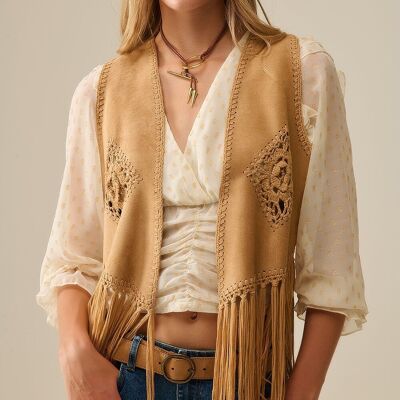 Cowgirl Style Fringe Faux Suede Vest in Camel
