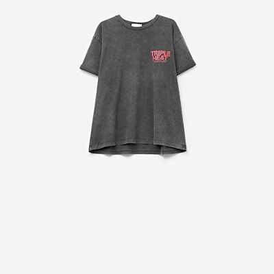 T-shirt à manches courtes en tissu délavé noir avec logo TRIPLE HEAT