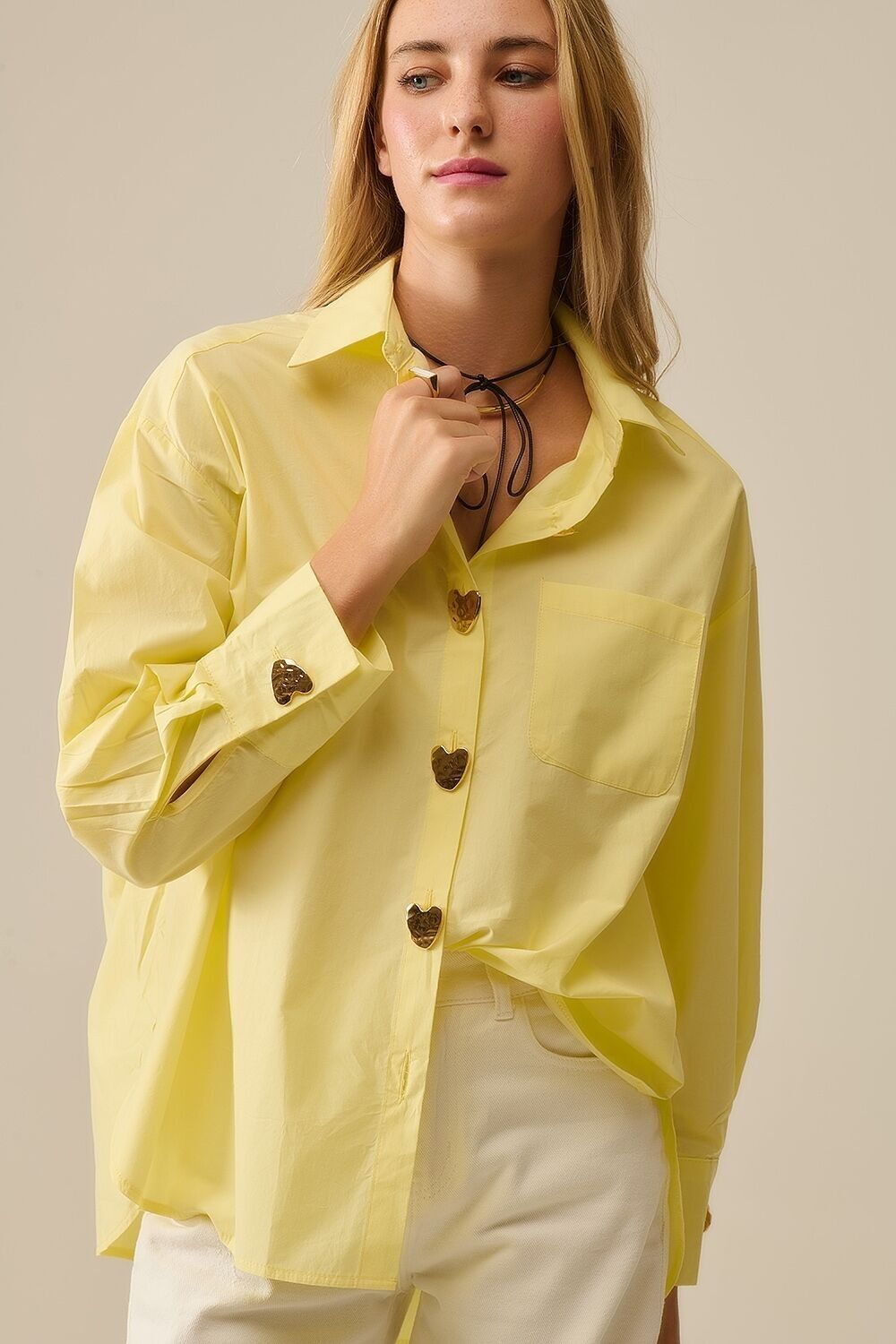 Relaxed Poplin Shirt With Gold Heart Buttons in yellow