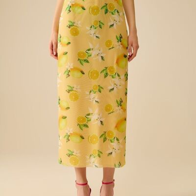 Yellow Fitted midi skirt with lemon print in mesh fabric