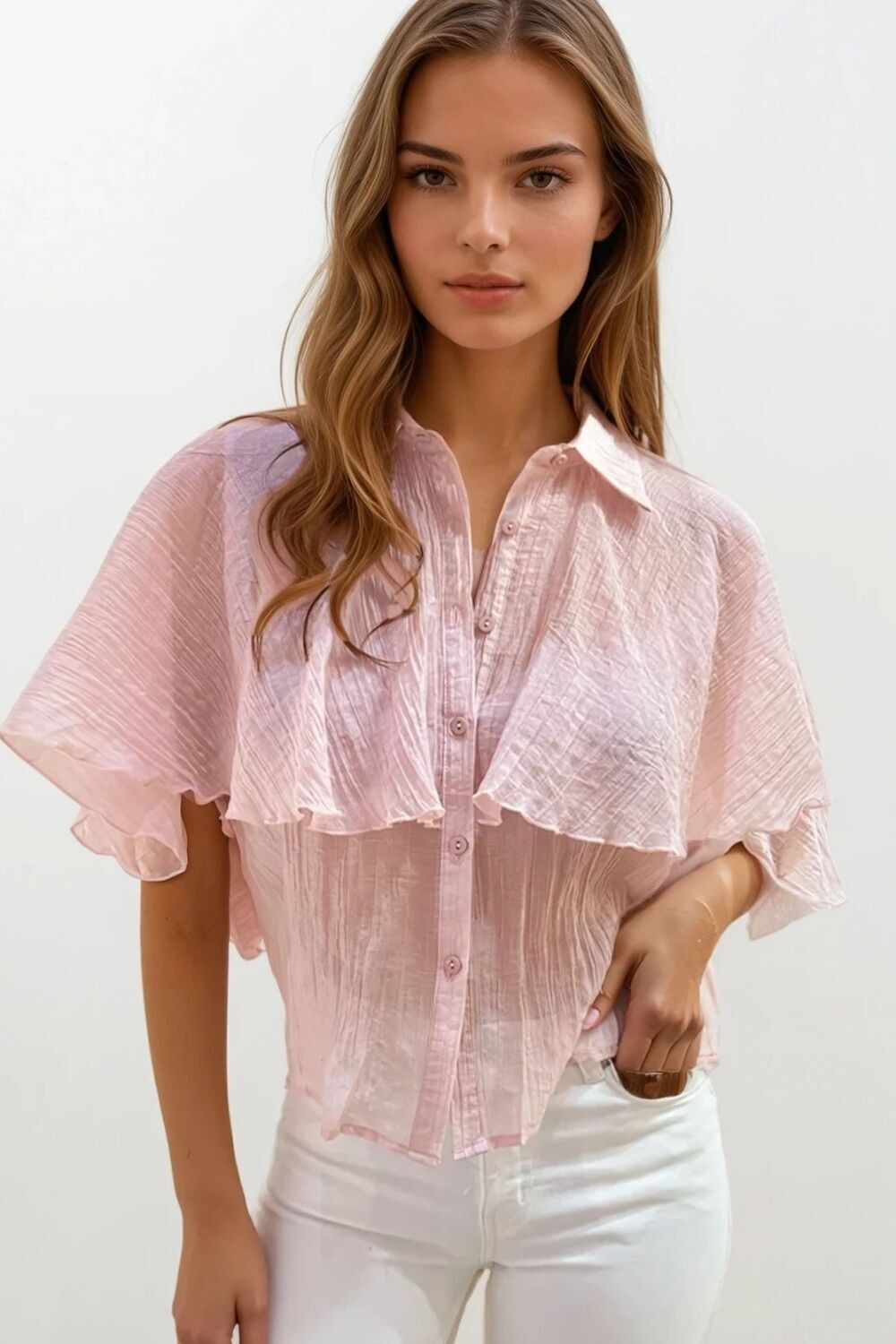 Buy wholesale Pink textured chiffon blouse with dropped sleeves