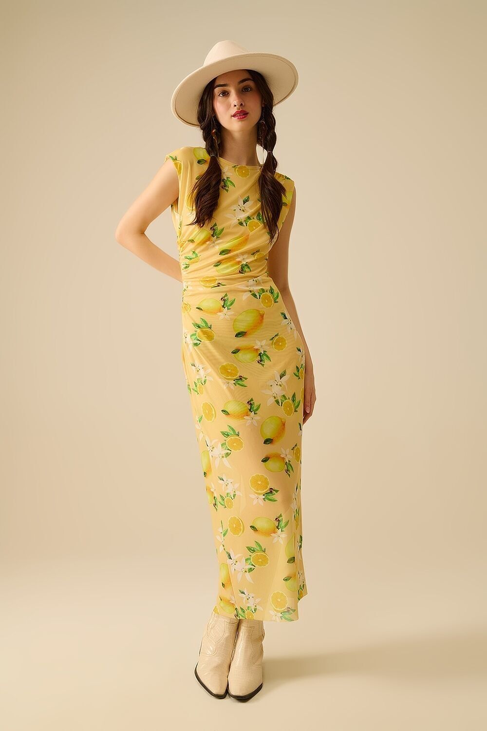 Tulle Dress With Side Rouching in Yellow Lemon Print
