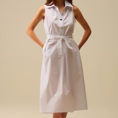 White poplin midi dress with silver heart-shaped buttons