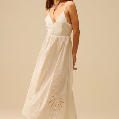 White maxi dress with embroidered palms