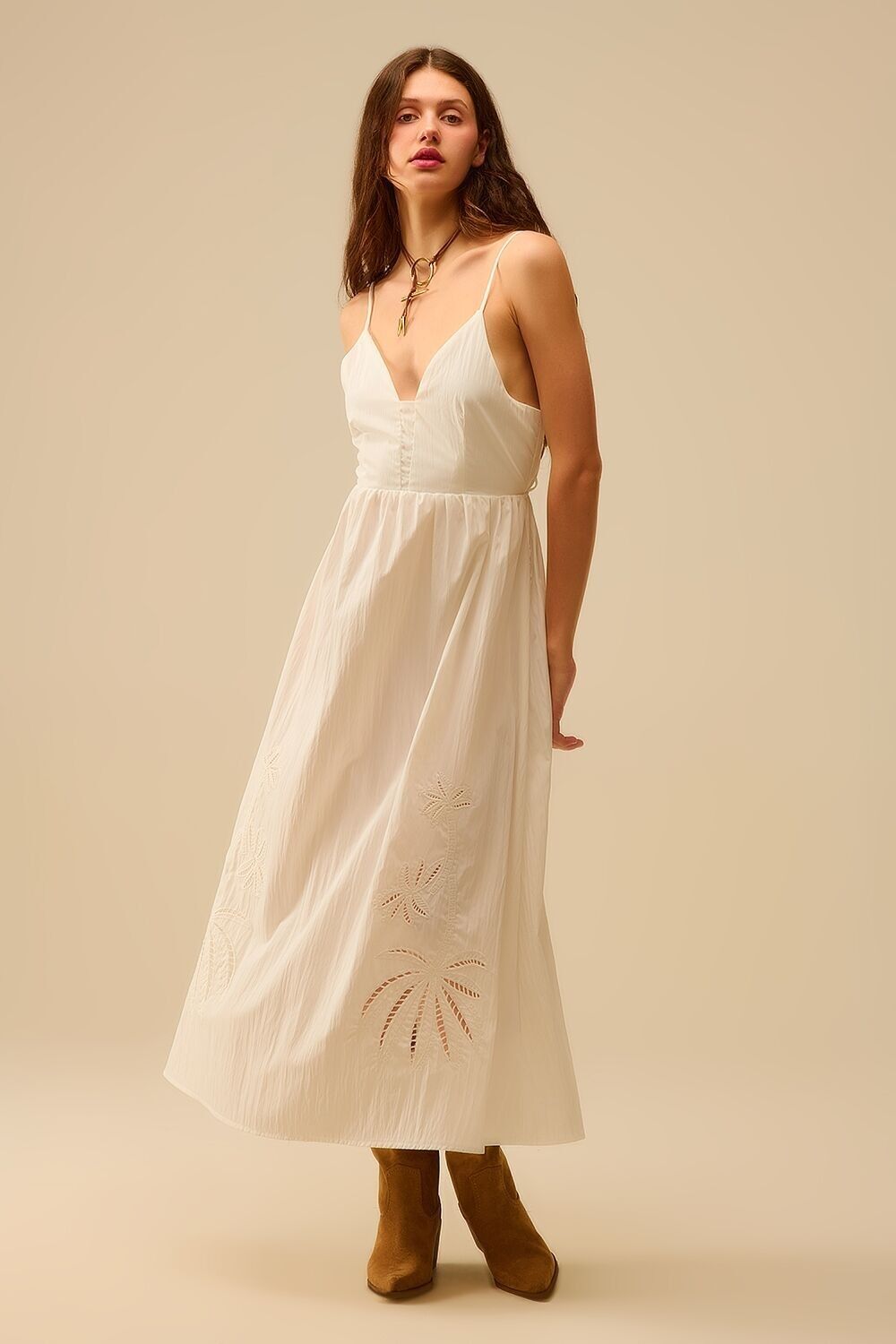 White maxi dress with embroidered palms