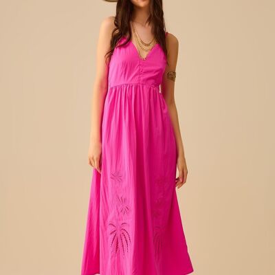 Fucshia maxi dress with embroidered palms