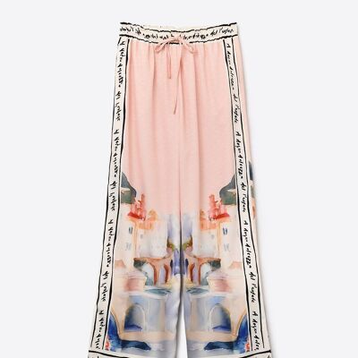 Pantalon imprimé aquarelle d'été rose