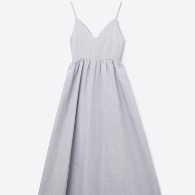 long blue striped dress with straps and crisscrossed back straps