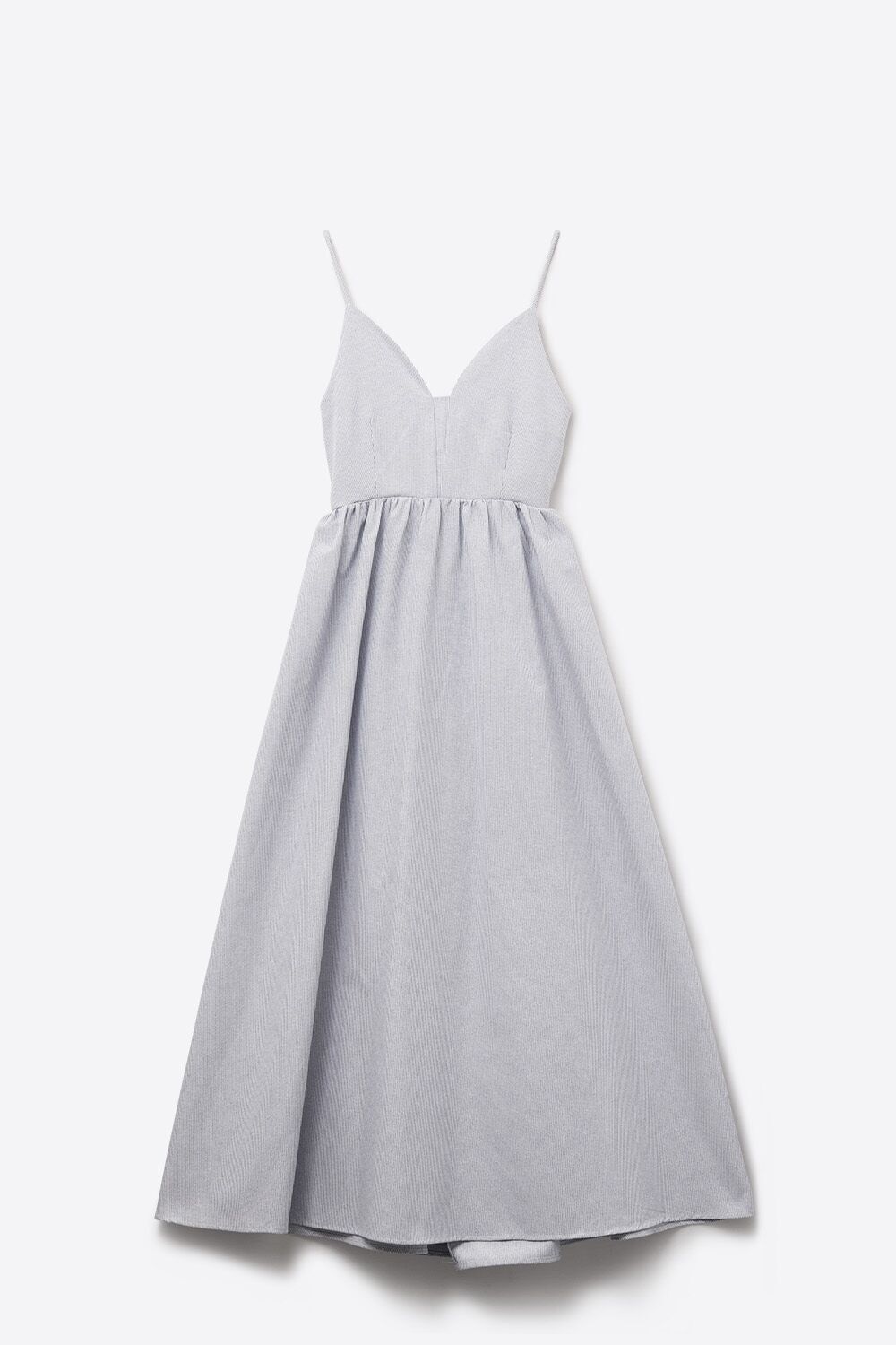 long blue striped dress with straps and crisscrossed back straps