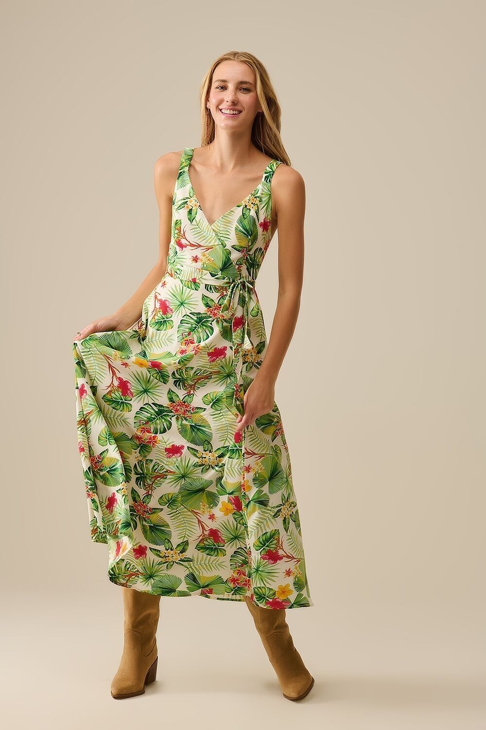 White Long Wrap Dress with Tropical Print