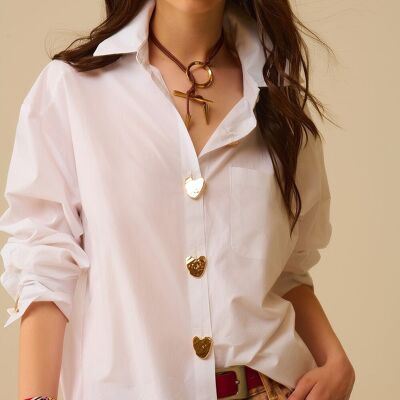 White Oversized Blouse with Gold Heart Buttons