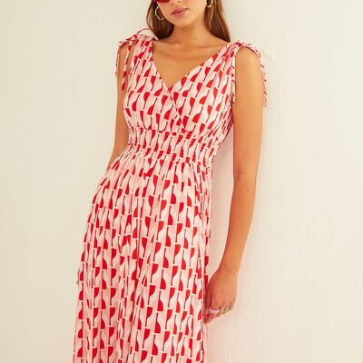Red Funnel V-Neck Long Dress