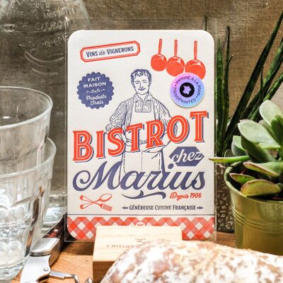 Carte Letterpress Bistrot chez Marius, carte postale A6, gastronomie, cuisine, bleu, rouge