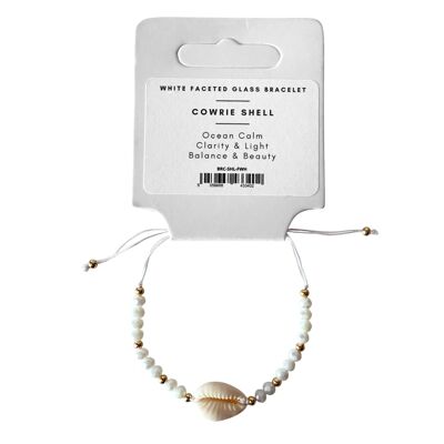 Pulsera de cristal facetado blanco con concha cauri