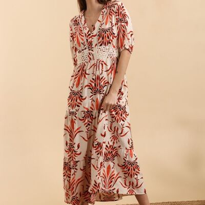 Printed Long Dress – Lace Detail Waist & Puff Sleeves