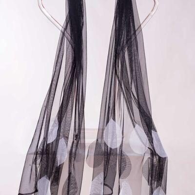 Elegant black tulle party shawl with round black and white appliqués