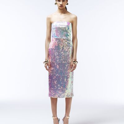 Iridescent Sequin Strapless Midi Dress in Multicolour