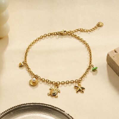 Ankle chain with 5 turtle and green stone charms