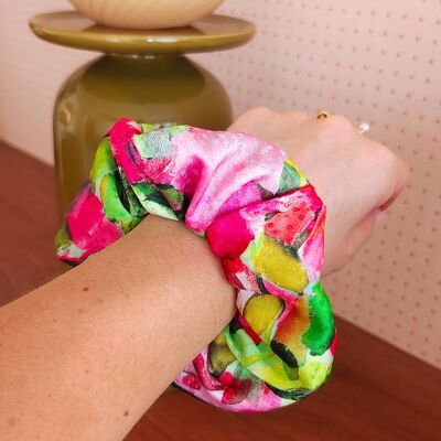 Scrunchie NANCY / poliestere con stampa floreale rosa e verde brillante