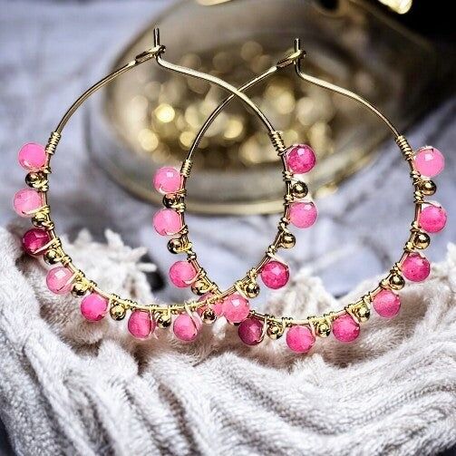 Orecchini a cerchio “CELESTIA” con pietra Tormalina rosa