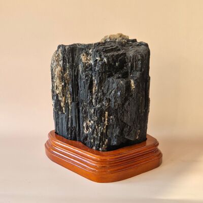 XXL Black Tourmaline Raw on Luxury Wooden Stand – Over 5kg | Protective Display Piece