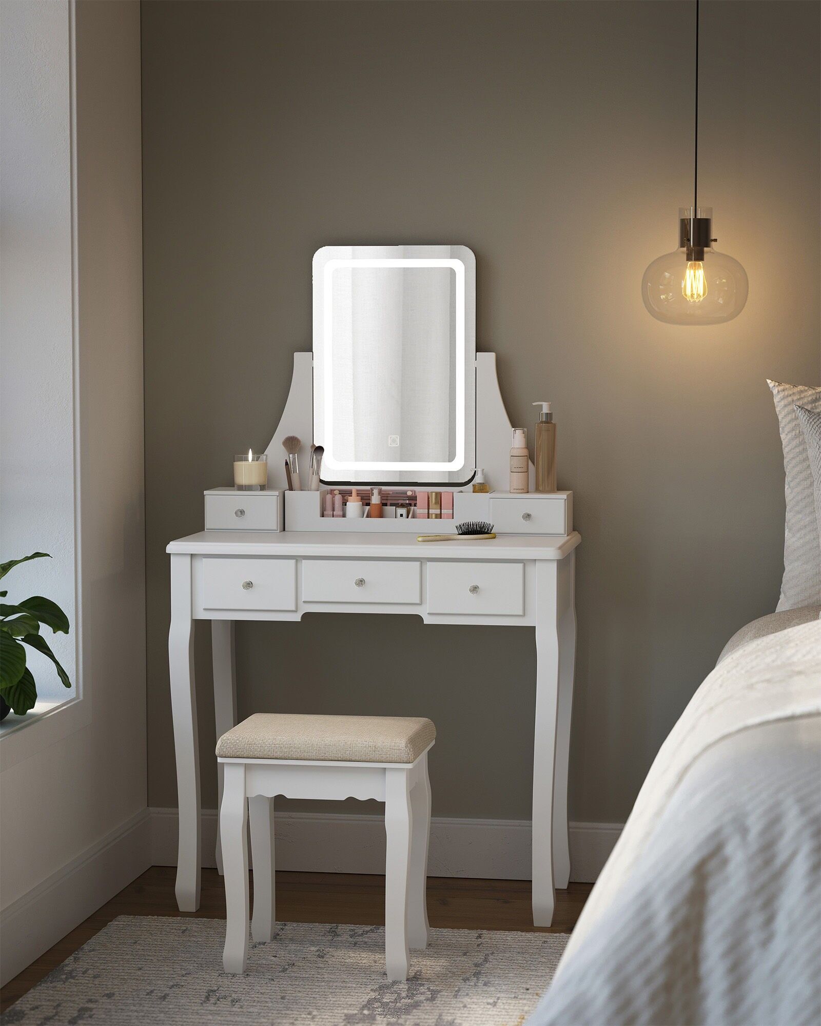 Coiffeuse avec éclairage LED et miroir blanc