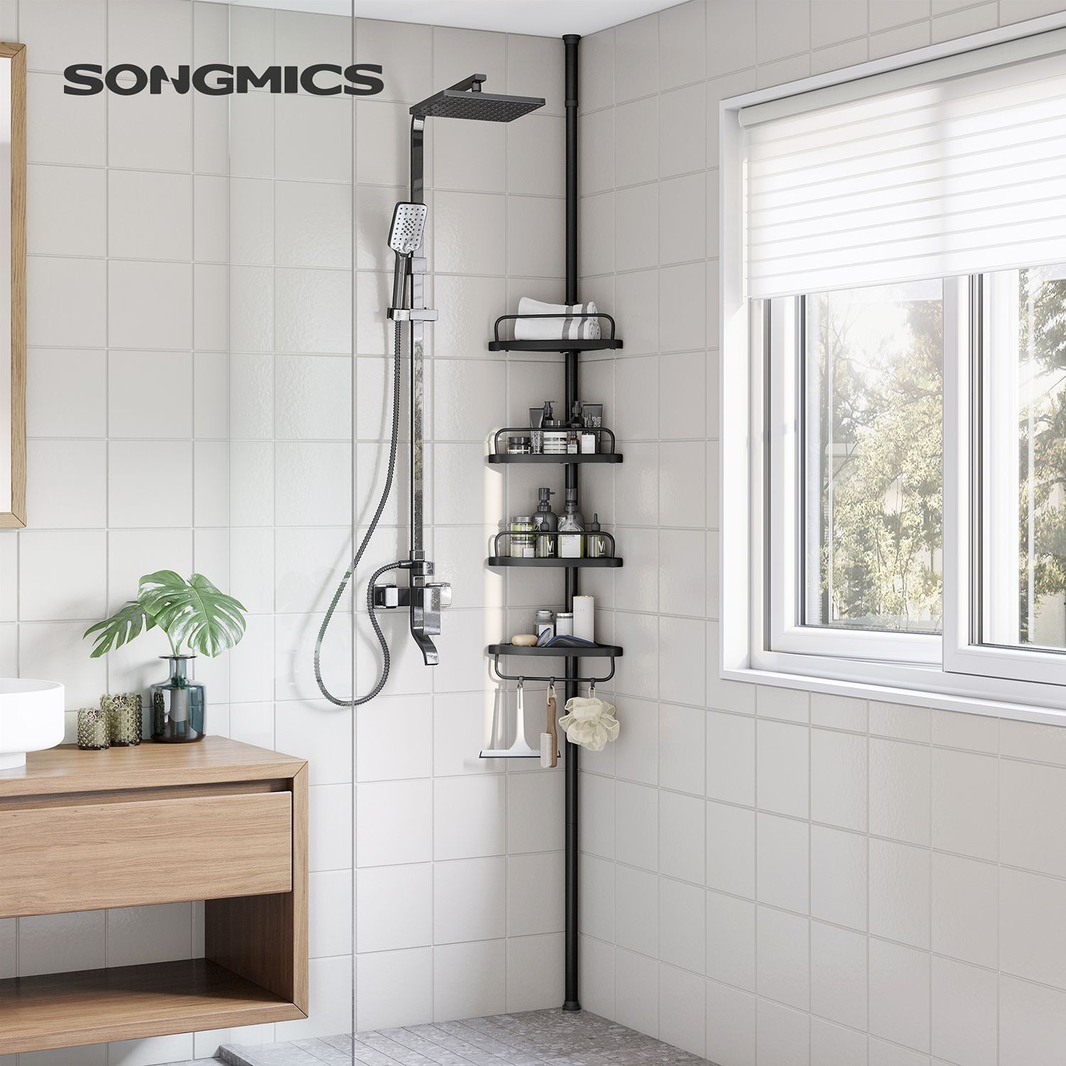 Étagère de douche avec 4 tablettes, réglable en hauteur, noire