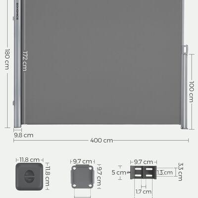 Extendable side awning 180 x 400 cm for balcony
