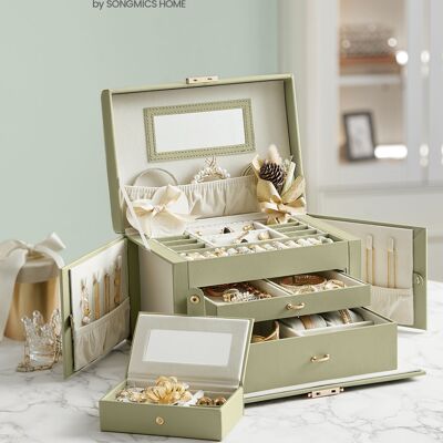 Coffret à bijoux 3 niveaux avec couvercle en PU vert laurier