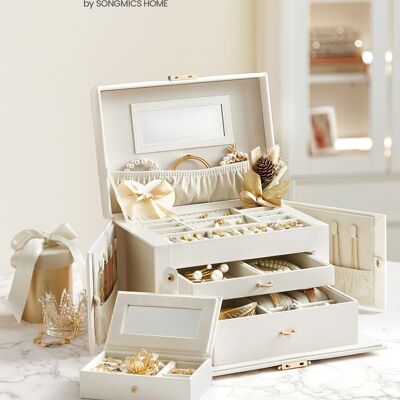 Boîte à bijoux 3 niveaux avec couvercle en PU blanc classique